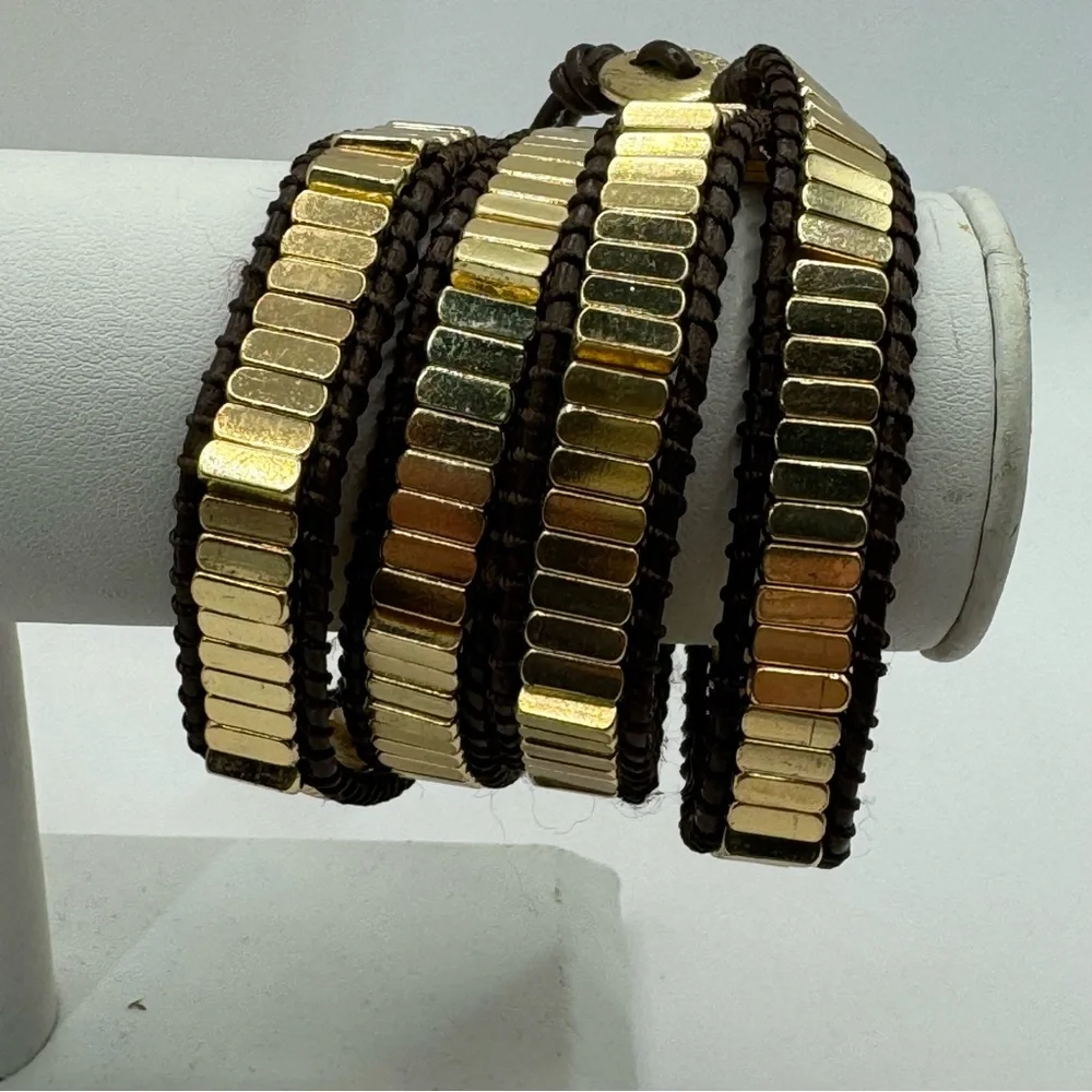 Marlyn Schiff gold tone bar bead brown leather wrap bracelet